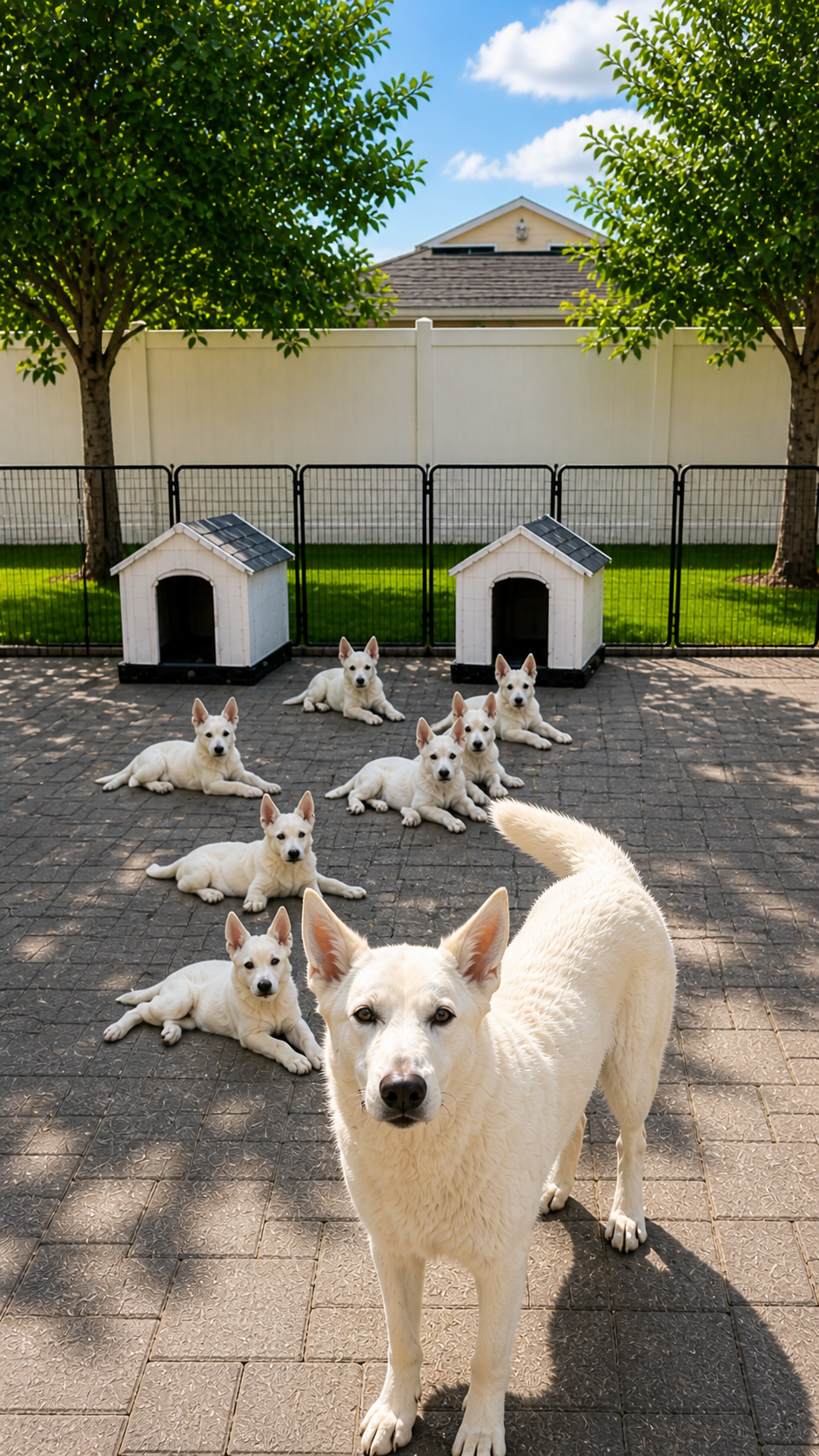 White shepherd mother with her pack in the yard
