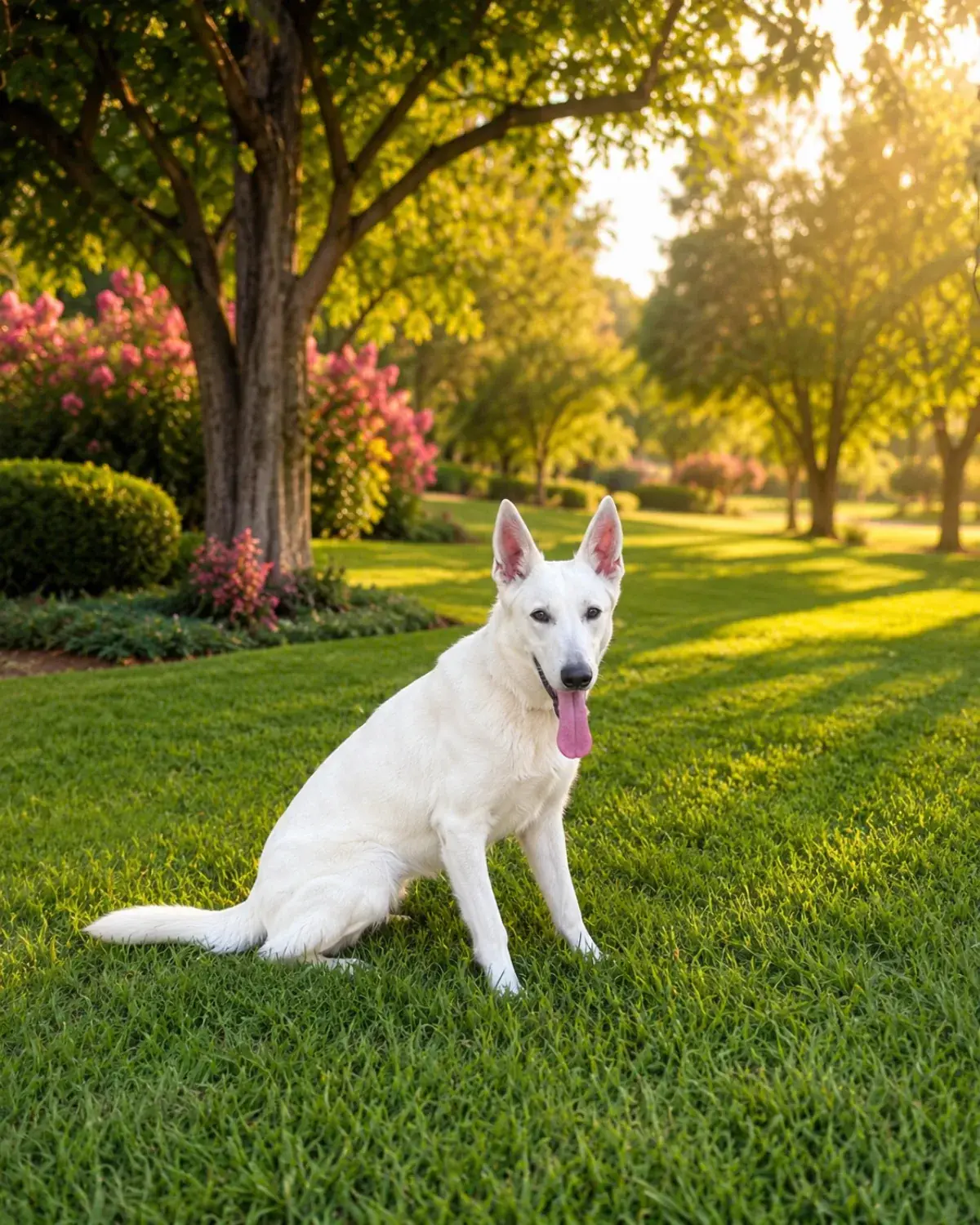 Mia, our white German Shepherd dam, in warm golden-hour light